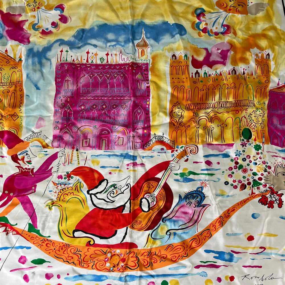 Vintage 1992 John Rombola Art Fabric Sun Venice Canal Whimsical Silk Scarf - Picture 5 of 11